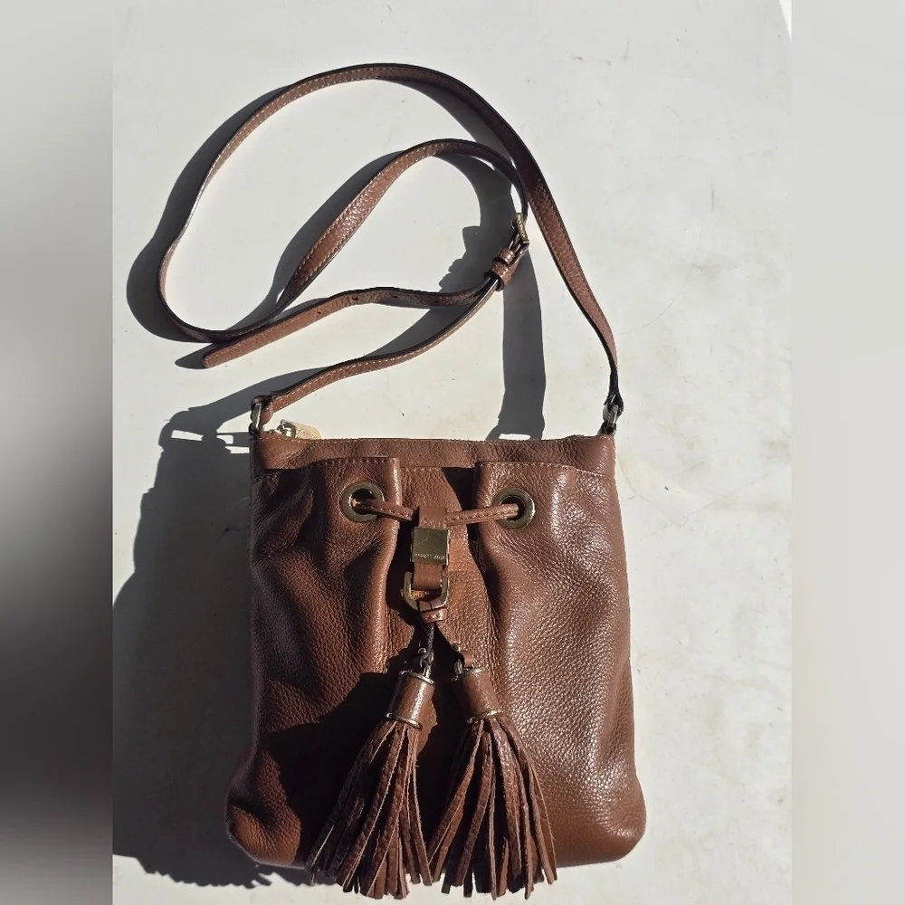 Michael Kors Leather Crossbody Bag Women's Brown Pebble Tassels Logo Small